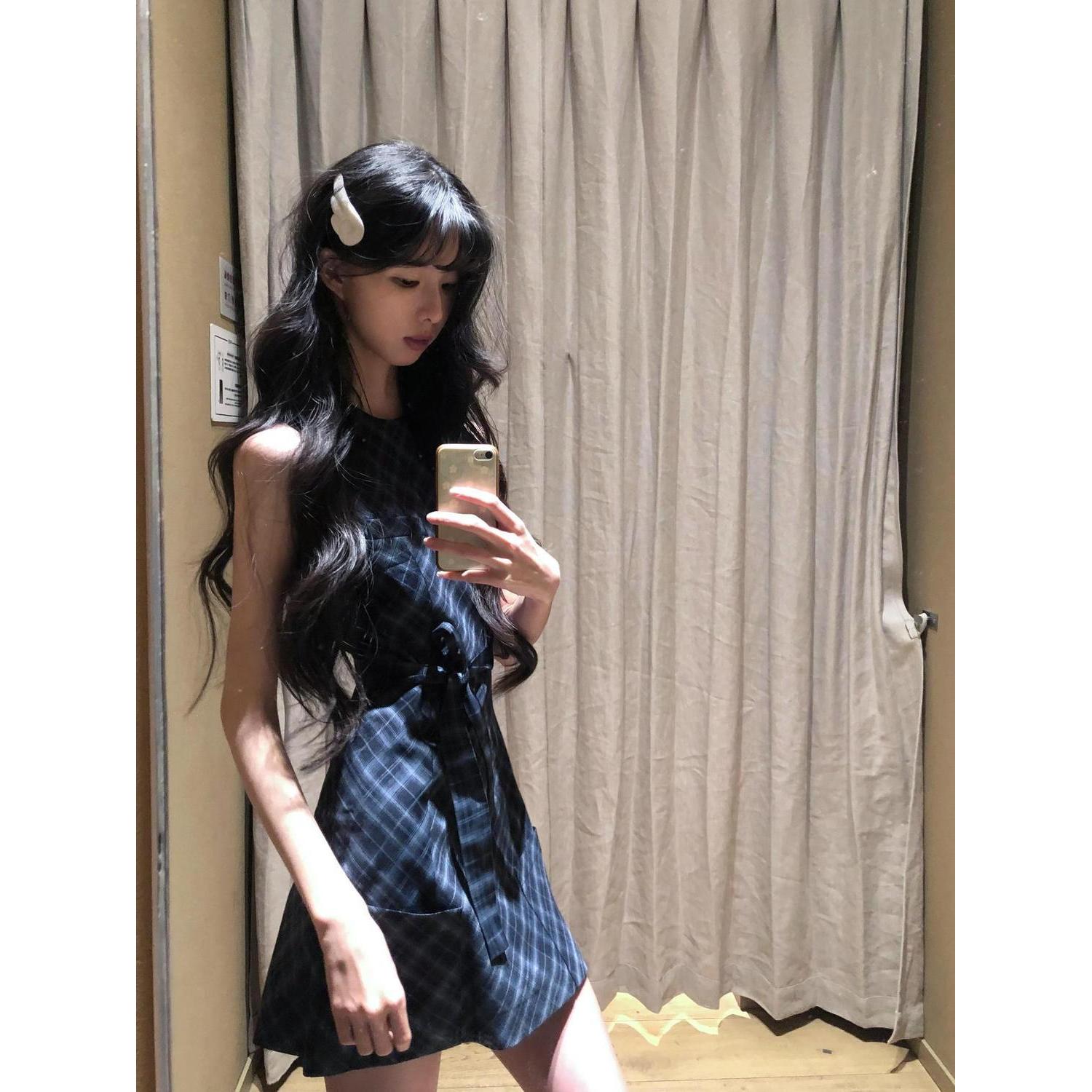 美式复古学院风气质格纹连衣裙女春夏季小个子收腰显瘦无袖背心裙