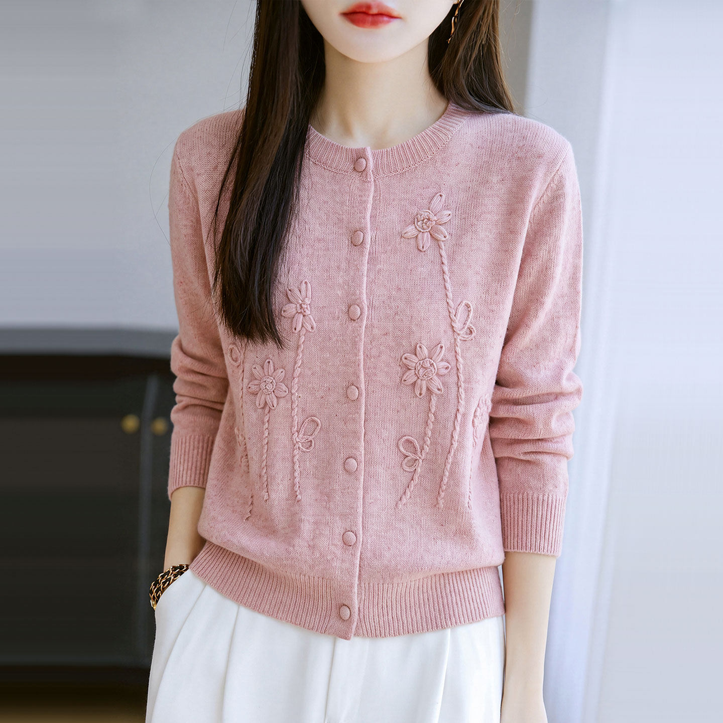圆领针织开衫毛衣外套女