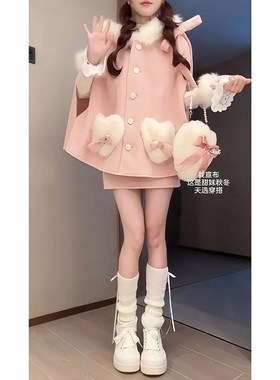 毛呢外套+内搭+短裙三件套女秋冬