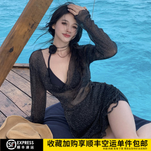 防晒 长袖 性感泳衣分体女比基尼大码 微胖mm显瘦遮肚温泉三件套罩衫