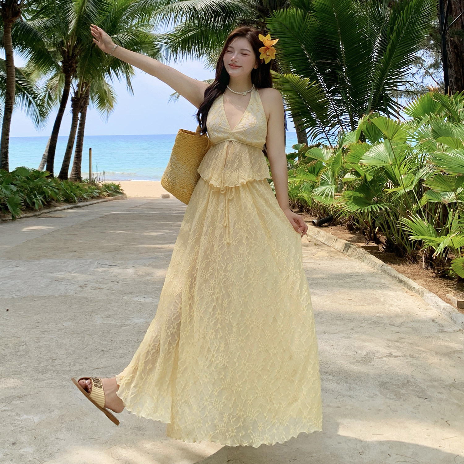 温柔绝美泳衣女分体比基尼三件套长裙海岛度假沙滩大码胖mm遮肉