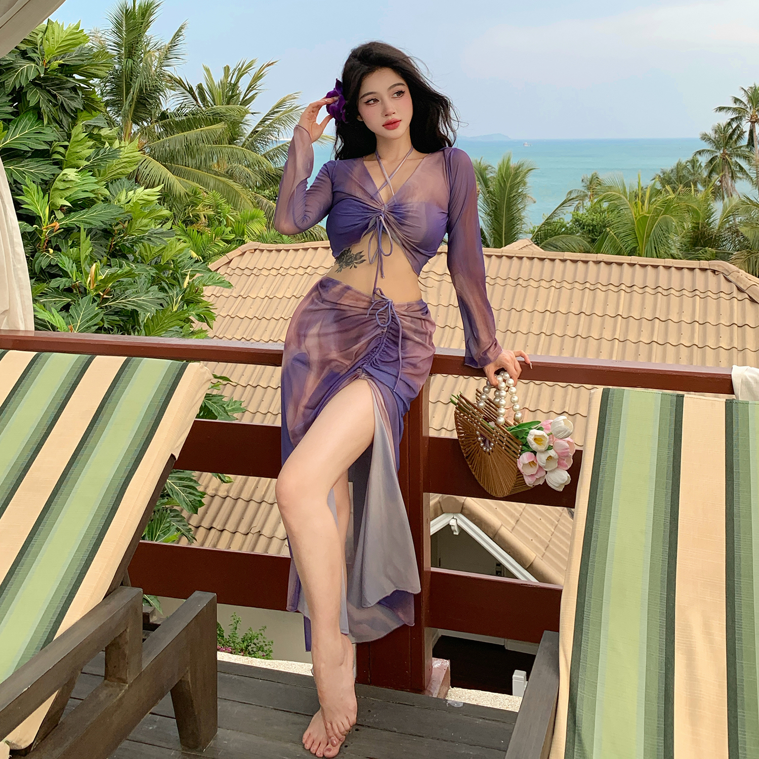 泰国小众设计大长裙分体泳衣女