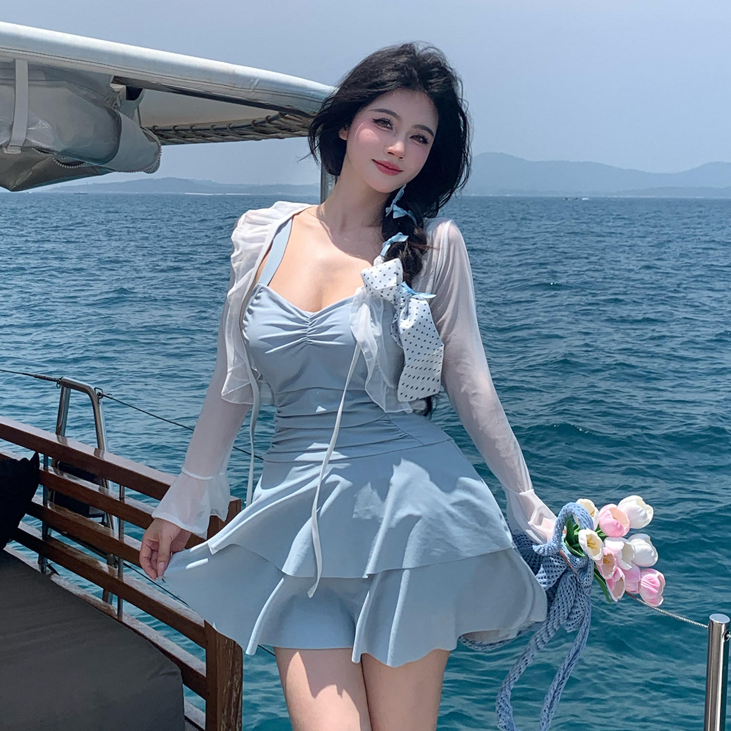 马卡龙蓝色大码泳衣女微胖保守遮肚露背性感裙式连体显瘦纯欲海边
