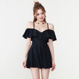 泳装 泳衣女一字肩连体裙式 200斤胖mm学生ins遮肚显瘦温泉保守大码