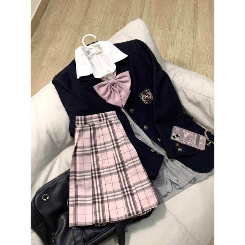 LBTUPR莓莓日系学院风JK制服西装外套灰色开衫衬衫粉色百褶裙套装