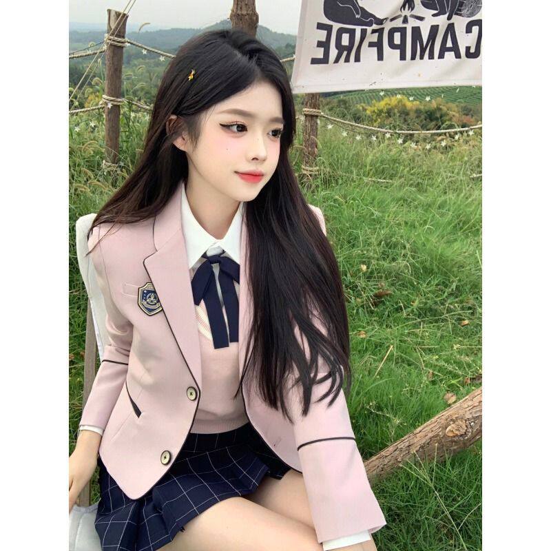 甜美粉系少女韩式学院风制服西服套装外套西装格纹短裙班服修身