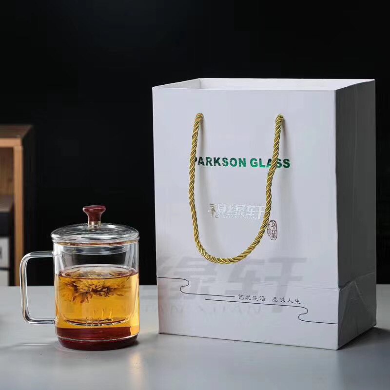 礼盒装祺缘轩木底三件杯套杯办公玻璃杯