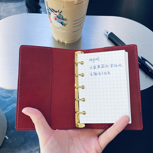 仓末手工头层植鞣牛皮手账本M5活页夹记事本A8笔记本5孔活页本子