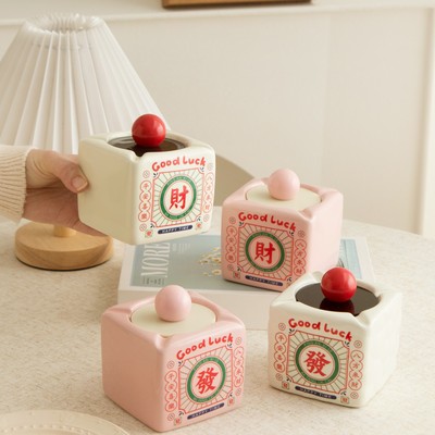 复古怀旧陶瓷烟灰缸财运发财国潮大容量带盖防飞灰棋牌室家用烟缸