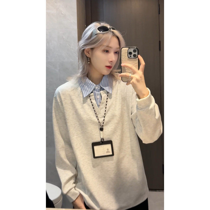 小青少年假两件衬衫领长袖卫衣尼妮家套头外套街头嘻哈潮流力上衣