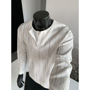 小青少年扎染纹理感假两件长袖 T恤泥家体恤妮力上衣街头嘻哈潮流