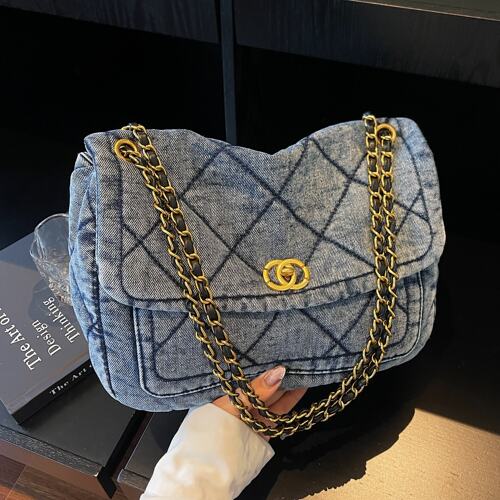 新款牛仔菱格链条大容量托特包