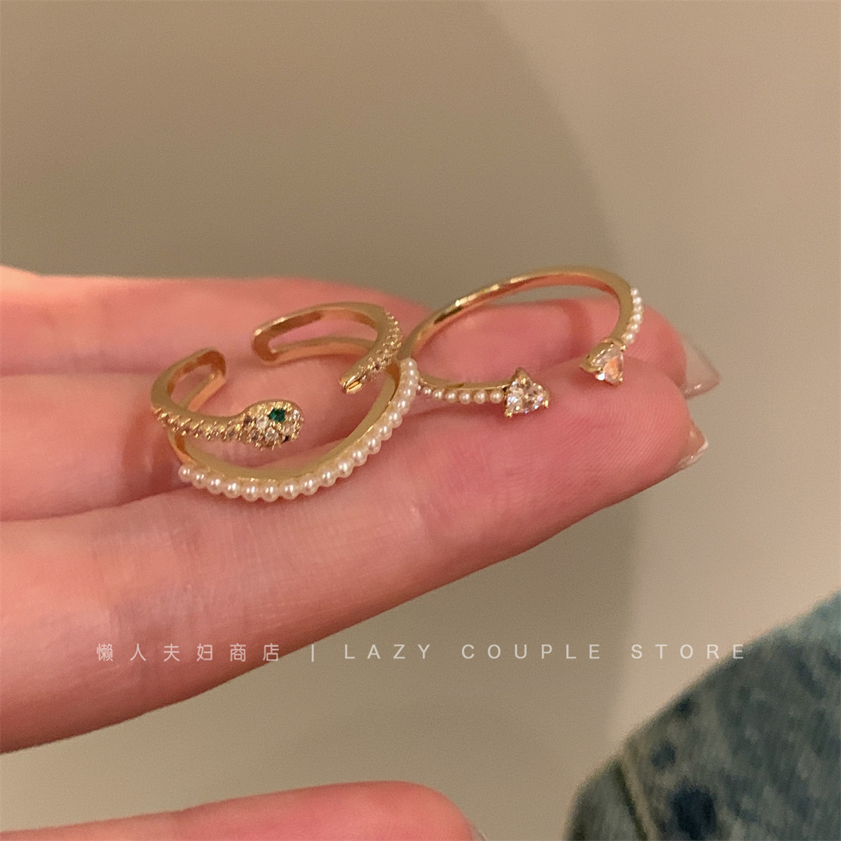 珍珠小蛇双层锆石戒指女小众高级感轻奢叠戴开口指环2025年新款潮