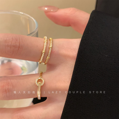 简约主义～金色珍珠锆石素圈戒指女小众高级感精致显手细叠戴指环