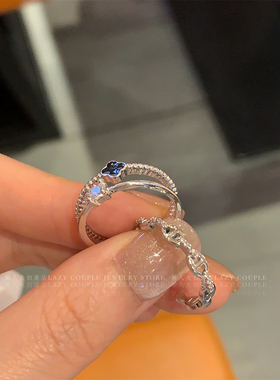 黑色四叶花锆石双层叠戴戒指女精致简约高级感时尚指环2026年新款