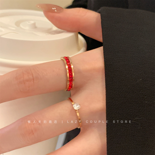 新年红色锆石满钻钛钢素圈戒指女小众设计轻奢时尚不掉色食指戒潮