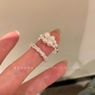 小众设计珍珠葡萄串锆石开口戒指女ins风网红简约叠戴高级感指环