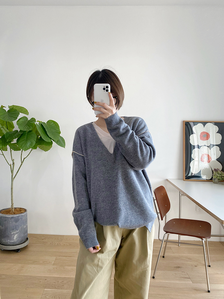 意大利订单双面织法大v领宽松廓形毛衣羊毛衫长袖套头21秋冬
