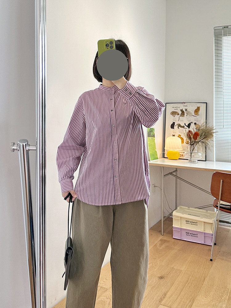 大爱studio nich0lson优雅超美粉紫色色织条纹立领宽松衬衣女衬衫
