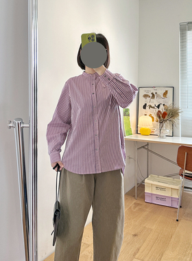 大爱studio nich0lson优雅超美粉紫色色织条纹立领宽松衬衣女衬衫