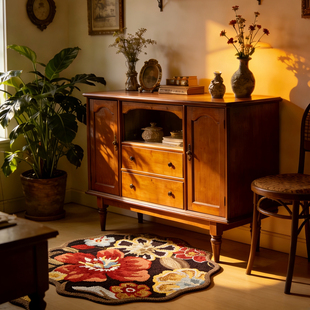 出口外贸美式手工地毯地垫80cm圆形家用客厅卧室床边花卉复古轻奢