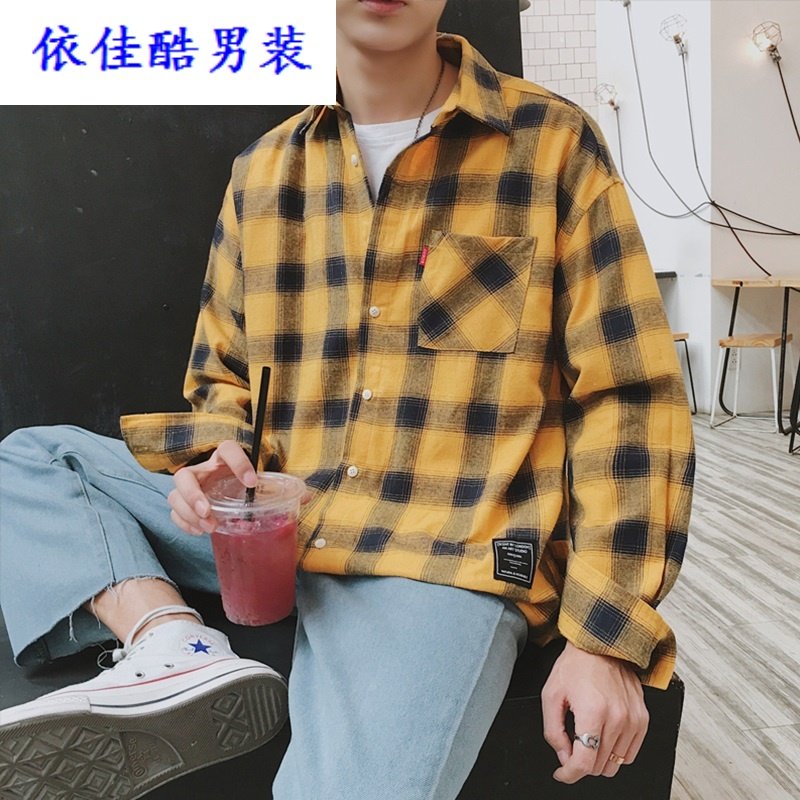 衬衫男韩版潮流夏季2019新款学生帅气小清新港风宽松格子长袖衬衣|ruв категории Нижнее белье, похудения пальто - от Buy2taobao.com для оказания профессиональной услуги покупки агента Taobao