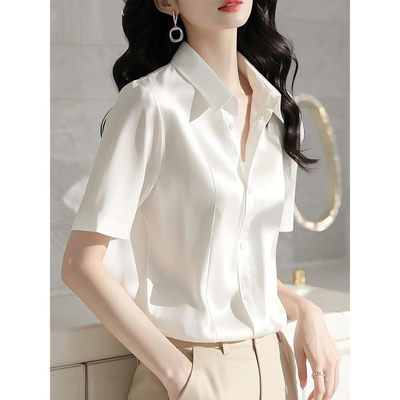 短袖衬衫女夏季polo领显瘦衬衣