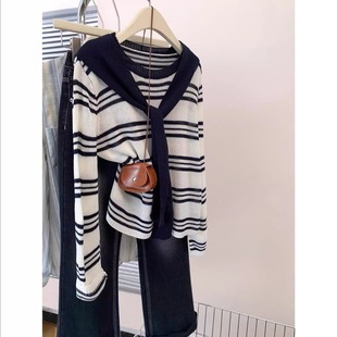 针织衫 藏青色披肩条纹长袖 毛衣女秋叠穿上衣 青高端爆款 杭州四季