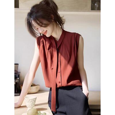 领口系带无袖衬衫夏季百搭衬衣
