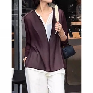 杭州四季青高端爆款~松弛感假两件V领长袖衬衫女宽松显瘦百搭上衣