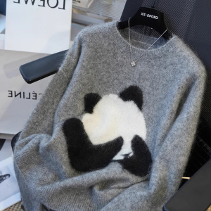 奥特莱斯专柜正品撤回清仓慵懒宽松熊猫刺绣羊毛针织衫打底上衣女