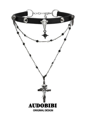 渡鸦系列原创小众设计皮项圈叠带高级双层十字架项链乌鸦chocker