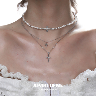 绝美气质 原创925纯银双层项链叠戴玫瑰十字架珍珠chocker颈链女