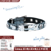 可爱辣妹 原创雪地黑猫小白狗手链小众设计甜酷蓝色皮革手环手镯