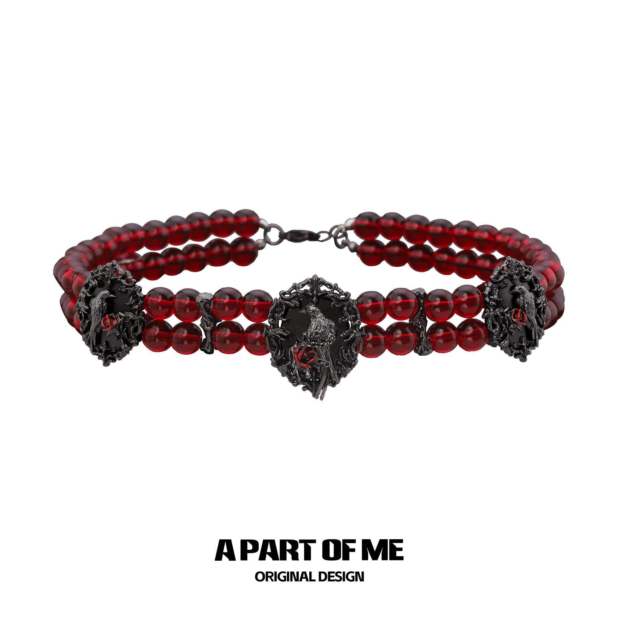 原创乌鸦双层项链暗黑风浮雕红色串珠颈链小众设计辣妹chocker