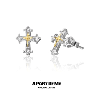 睡觉免摘925纯银十字架小耳钉养耳洞原创设计撞色镶钻耳饰高级感