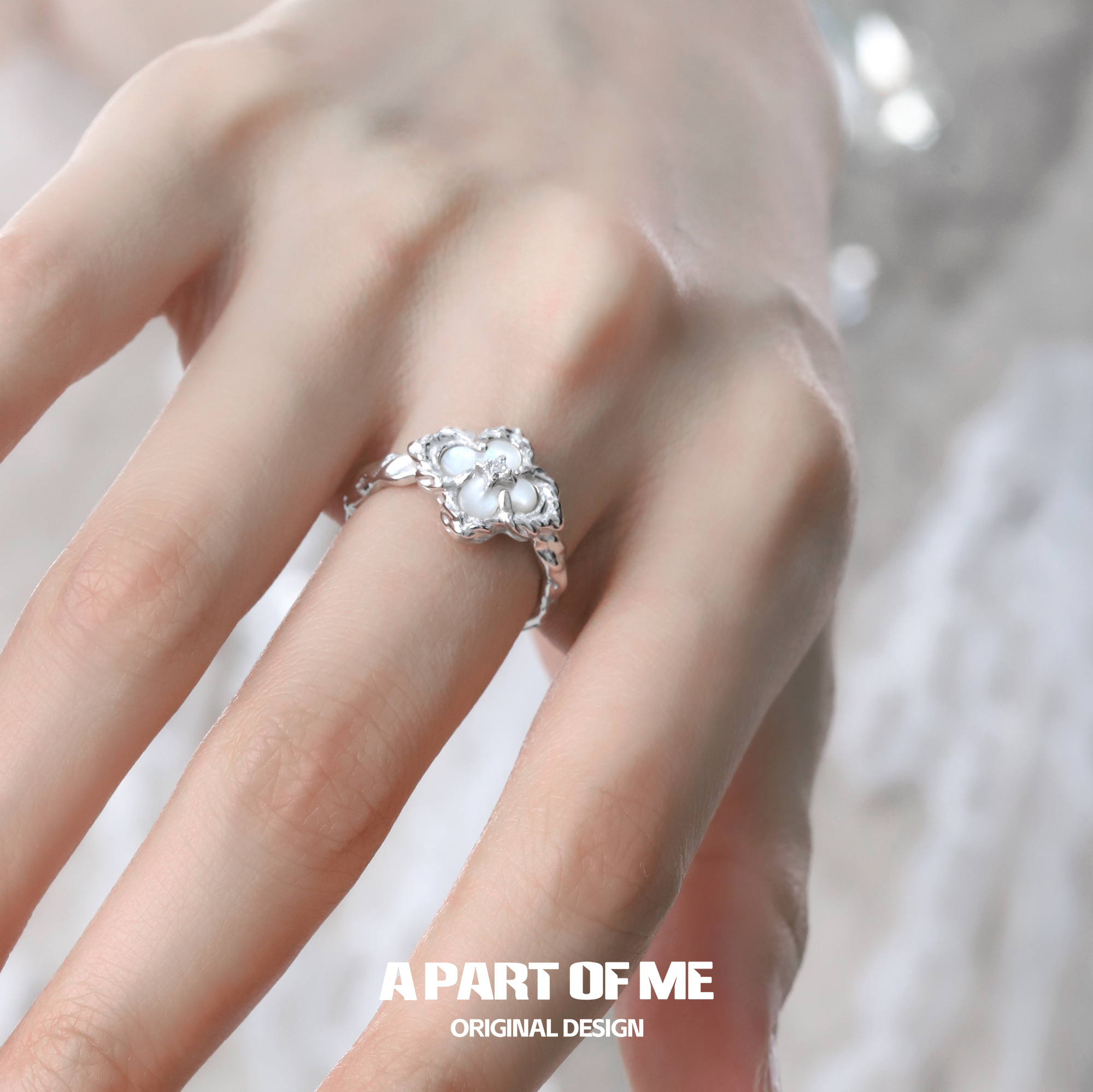 小众设计925纯银戒指不掉色天然白蝶贝母四叶草食指戒高级冷淡风