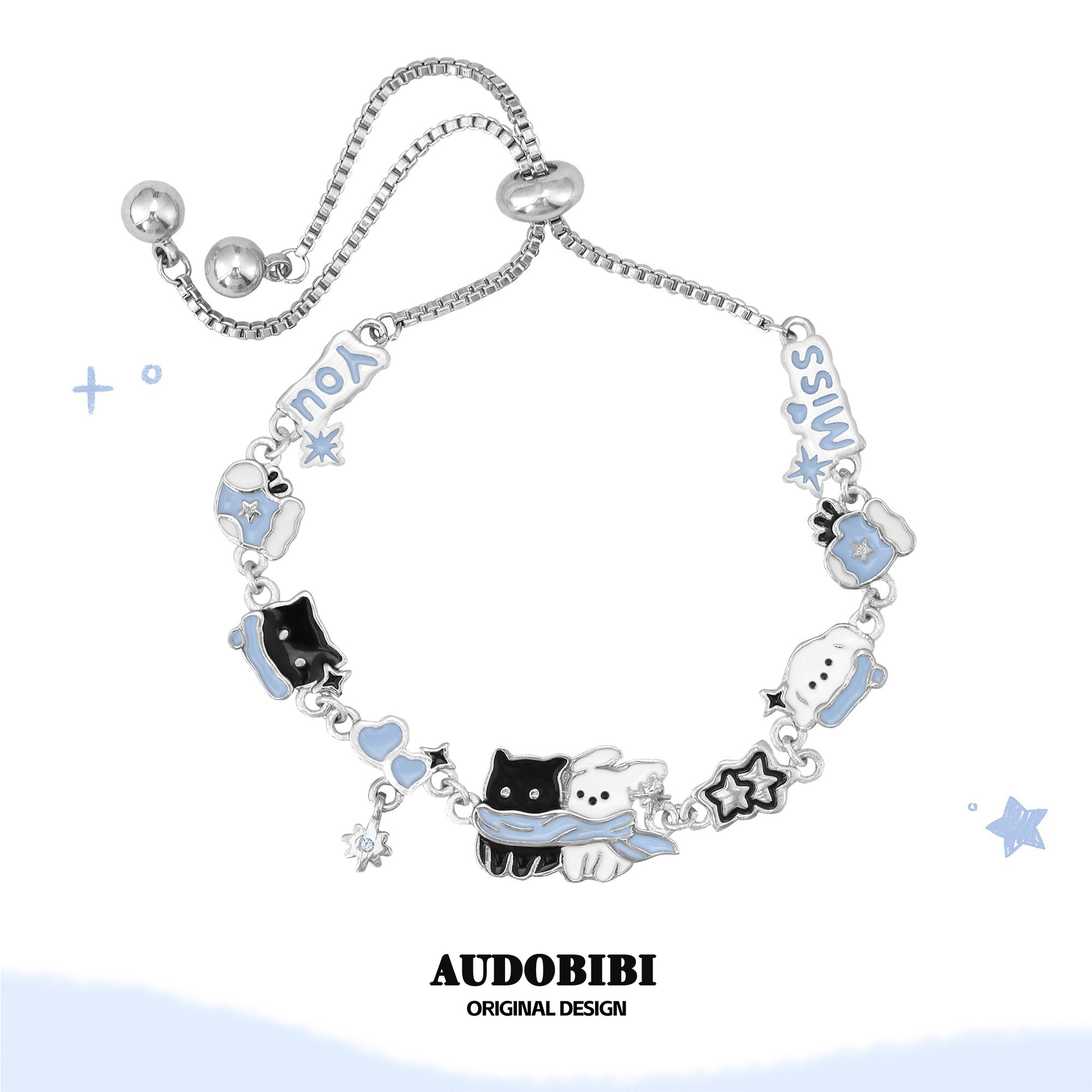 AUDOBIBI雪地黑猫小白狗手链图片