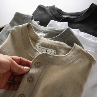 美式 T恤衫 休闲亨利衫 复古简约百搭纯色日常长袖 打底 男士 秋冬新款