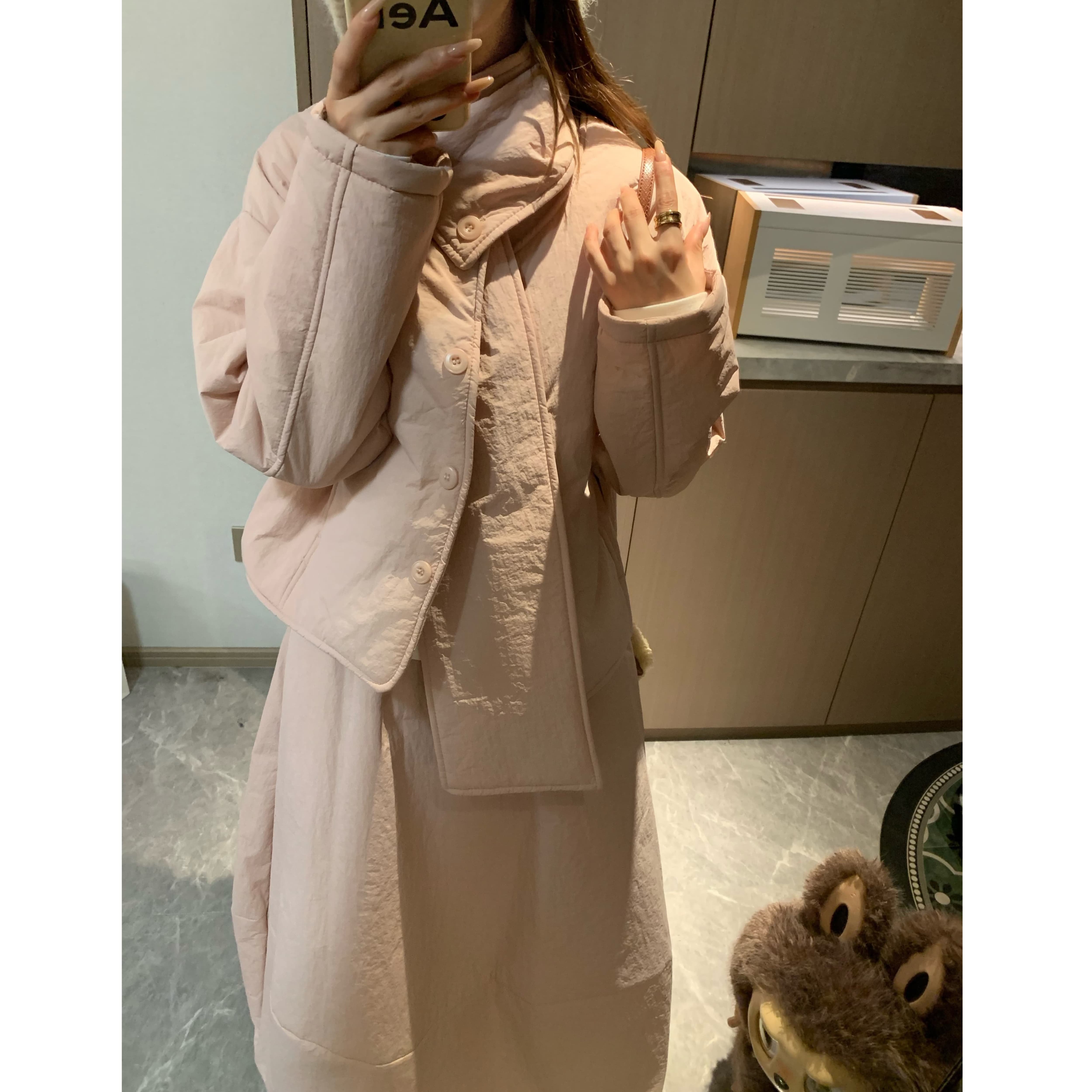 年终亏清！冬日暖阳一键穿搭棉服花苞长裙围巾三件套套装女夹棉