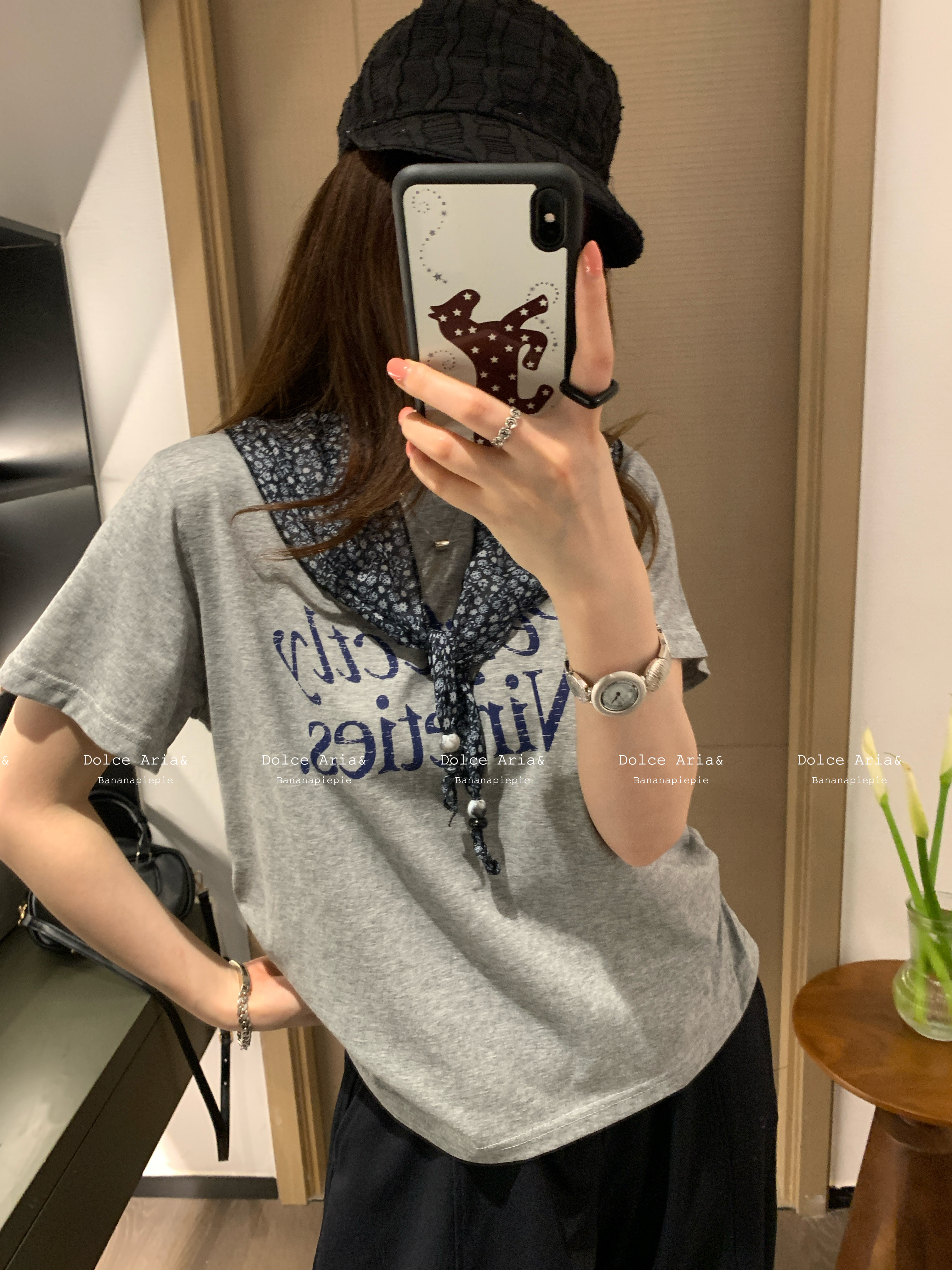 [香蕉派派]韩系碎花丝巾字母纯棉短袖女百搭宽松显瘦设计感上衣