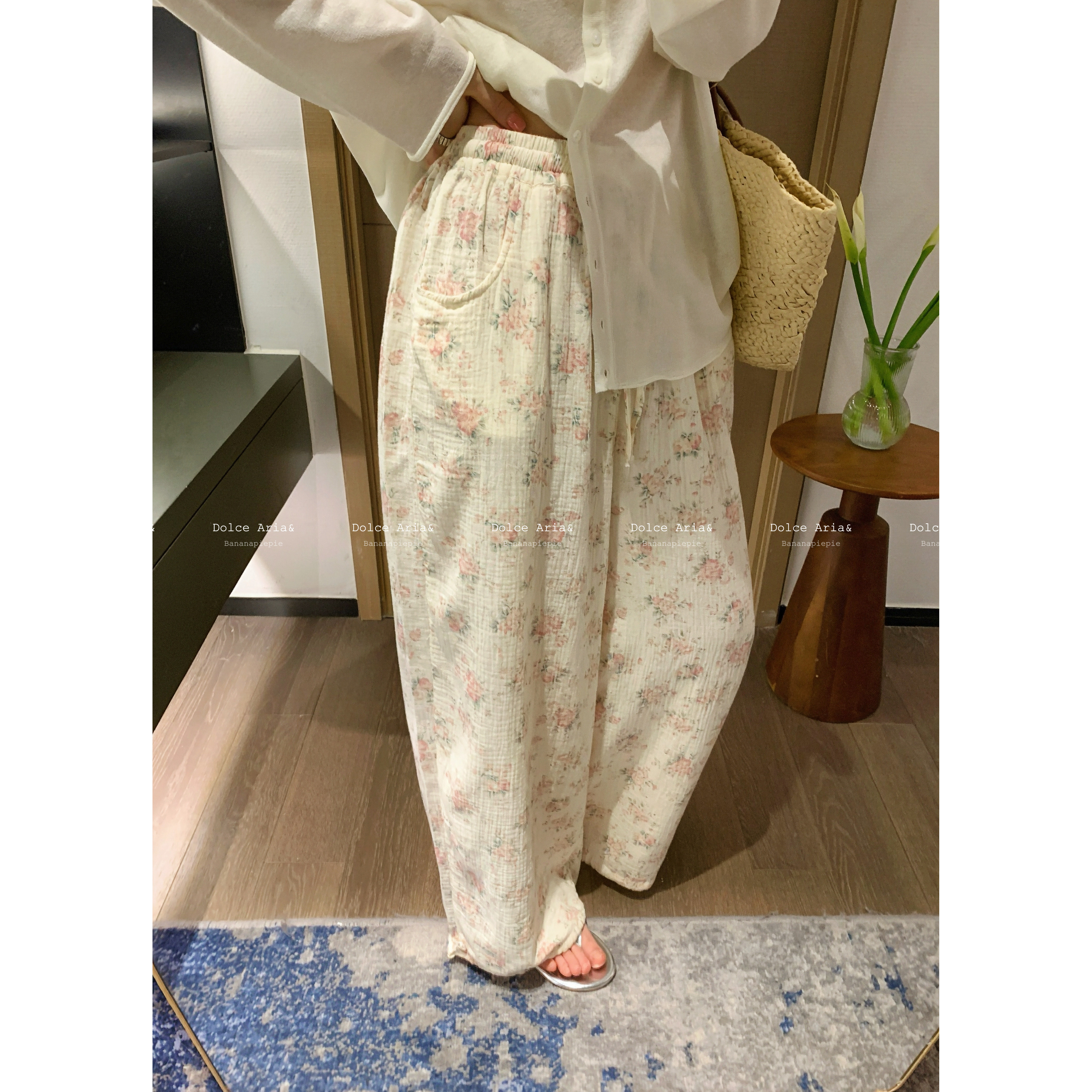 [香蕉派派]100％婴儿棉纱！碎花裤休闲裤慵懒休闲度假百搭阔腿裤