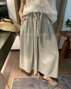 [香蕉派派]棉竖条纹阔腿裤九分裤女2026年夏季新款宽松显瘦