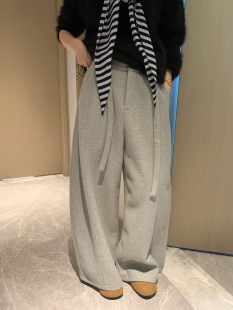 高腰显瘦宽松休闲阔腿长裤 女秋冬新款 灰色毛呢弯刀裤 子 香蕉派派
