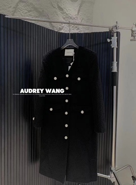 AW2023冬季新款原创小众设计V领阿尔巴卡珍珠扣子毛呢女神大衣女