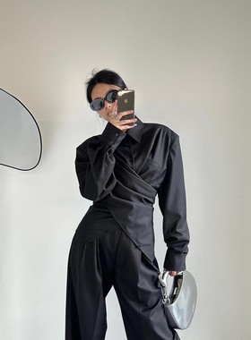 AW2024百搭多穿结构韩国东大门新款百搭洋气简约纯色衬衫长裤套装