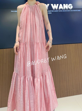 AW法式绝美挂脖绑带扎染连衣裙女2024夏季宽松海边度假气质长裙女