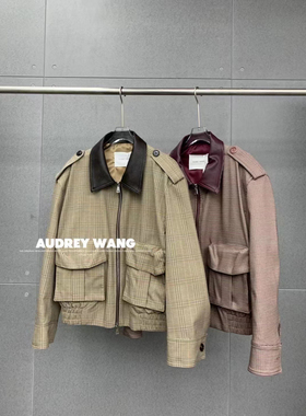 AW2024春季新款撞色皮领拼接格纹大口袋休闲工装风外套气质百搭女