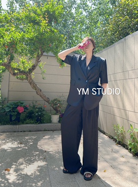 YM韩版高级感气质套装2023夏装宽松肌理清凉透气露背上衣阔腿裤女