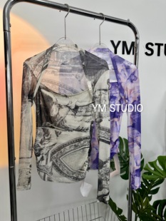 AW2023新款 原创小众水墨印花抽褶花型弹力打底上衣百搭防晒衣女